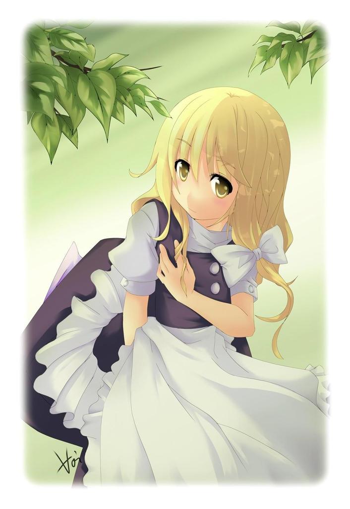 vinashyra, kirisame marisa, touhou, bad id, bad pixiv id, 1girl, blonde hair, female focus, gradient background, hat, long hair, nature, outdoors, plant, ribbon, solo, white background