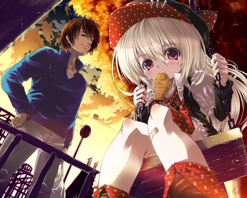 cura, fukazaki takamichi, lo (gothic delusion), flat (company), gothic delusion, bad id, bad pixiv id, 1boy, 1girl, bandaid, bandaid on knee, bandaid on leg, eating, food, from below, gothic lolita, hat, lolita fashion, long hair, mouth hold, on swing, playground, red eyes, swing, taiyaki, wagashi, white hair