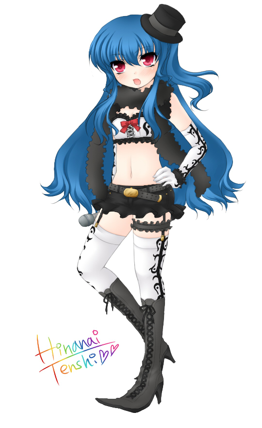 jako, jyako, hinanawi tenshi, touhou, bad id, bad pixiv id, 1girl, blue hair, boots, elbow gloves, female focus, frilled thigh strap, garter straps, gloves, hands on own hips, hat, high heel boots, high heels, idol, midriff, mini hat, mini top hat, shoes, solo, thigh strap, thighhighs, top hat