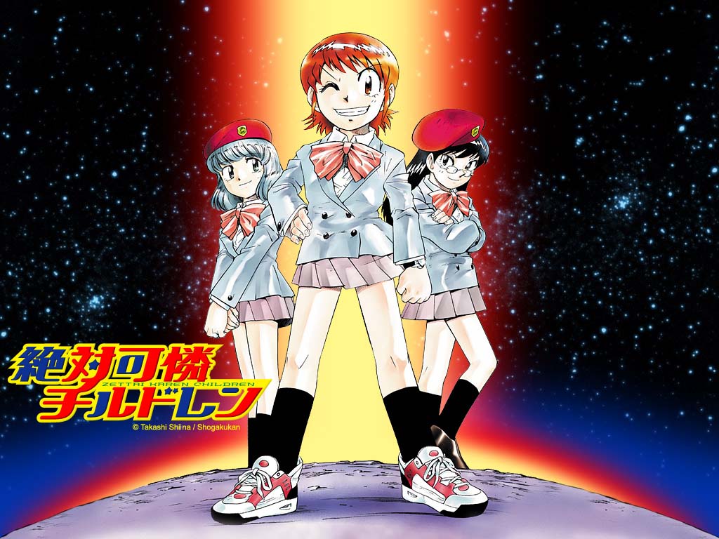 shiina takashi, akashi kaoru, nogami aoi, sannomiya shiho, zettai karen children, brown footwear, silver hair, official art, official wallpaper, 00s, 3girls, ;d, artist name, beret, black eyes, black hair, black socks, blazer, blue jacket, bow, bowtie, brown eyes, brown hair, closed mouth, copyright name, crossed arms, fire, full body, grey eyes, grey skirt, grin, hand on own hip, hat, jacket, kneehighs, long sleeves, looking at viewer, miniskirt, multiple girls, one eye closed, open mouth, own hands together, pleated skirt, red bow, red bowtie, red hat, school uniform, shoes, short hair, skirt, smile, sneakers, socks, space, standing, star (sky), teeth, v arms