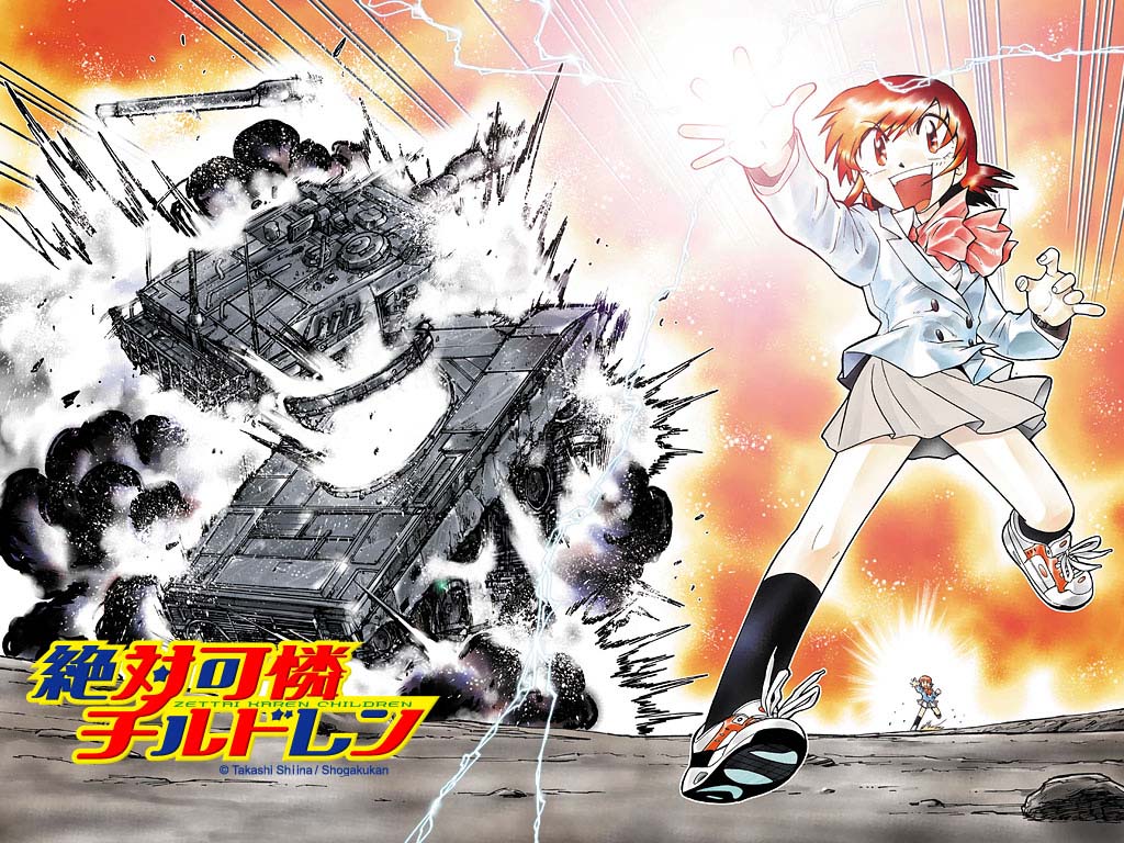 shiina takashi, akashi kaoru, zettai karen children, official art, official wallpaper, 00s, 1girl, :d, black socks, bow, bowtie, brown hair, female focus, grey skirt, long sleeves, looking at viewer, miniskirt, open mouth, pleated skirt, red bow, red bowtie, shoes, short hair, skirt, smile, sneakers, socks, solo