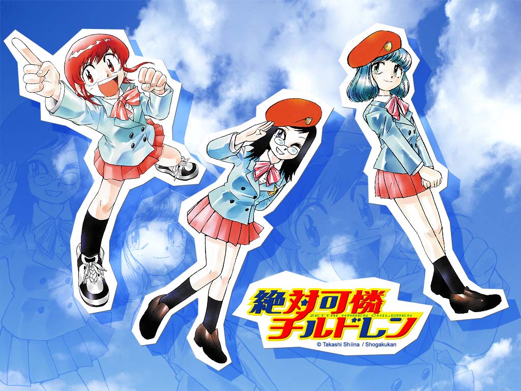 shiina takashi, akashi kaoru, nogami aoi, sannomiya shiho, zettai karen children, brown footwear, official art, official wallpaper, 00s, 3girls, arm behind back, arm up, beret, black hair, black socks, blazer, blue hair, blue jacket, blue sky, blunt bangs, bow, bowtie, buttons, clenched hands, cloud, day, emblem, glasses, green eyes, hat, jacket, kneehighs, legs apart, loafers, long sleeves, looking at viewer, miniskirt, multiple girls, open mouth, outline, pleated skirt, pointing, pointing up, red bow, red bowtie, red eyes, red hair, red hat, red skirt, rimless eyewear, round eyewear, round teeth, salute, school uniform, shoes, short hair, skirt, sky, sneakers, socks, standing, swept bangs, teeth, white outline