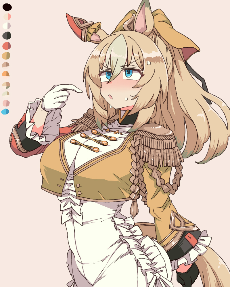 toriga naku, durandal (umamusume), umamusume, 1girl, animal ears, asymmetrical gloves, black gloves, blonde hair, blue eyes, dress, ear covers, epaulettes, gloves, hair between eyes, horse ears, horse tail, long sleeves, mismatched gloves, multicolored hair, pink background, simple background, single ear cover, solo, streaked hair, tail, white dress, white gloves, white hair