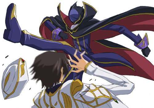 heki (axis), kururugi suzaku, lelouch vi britannia, zero (code geass), code geass, bad id, bad pixiv id, lowres, 00s, 2boys, hat, kicking, male focus, mask, multiple boys, role reversal, simple background, spinzaku, upper body, white background