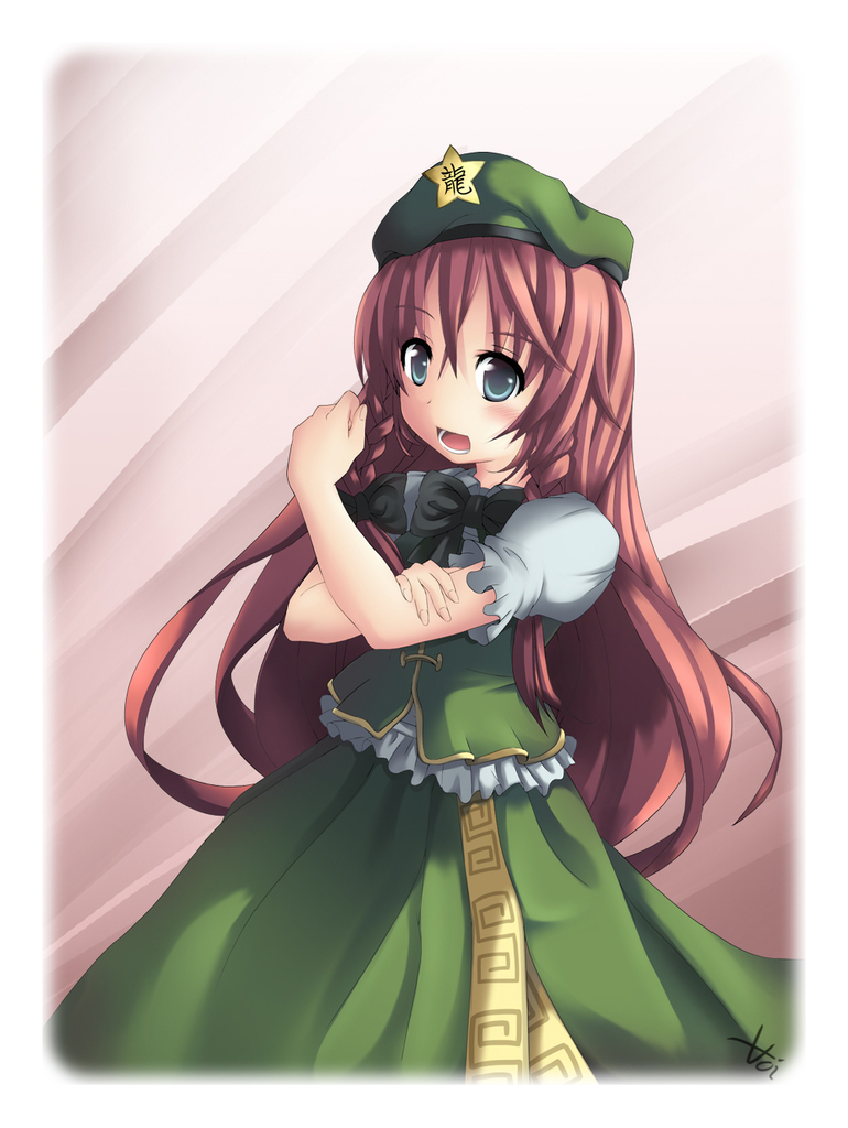 vinashyra, hong meiling, touhou, bad id, bad pixiv id, 1girl, china dress, chinese clothes, dress, female focus, hat, long hair, red hair, ribbon, solo