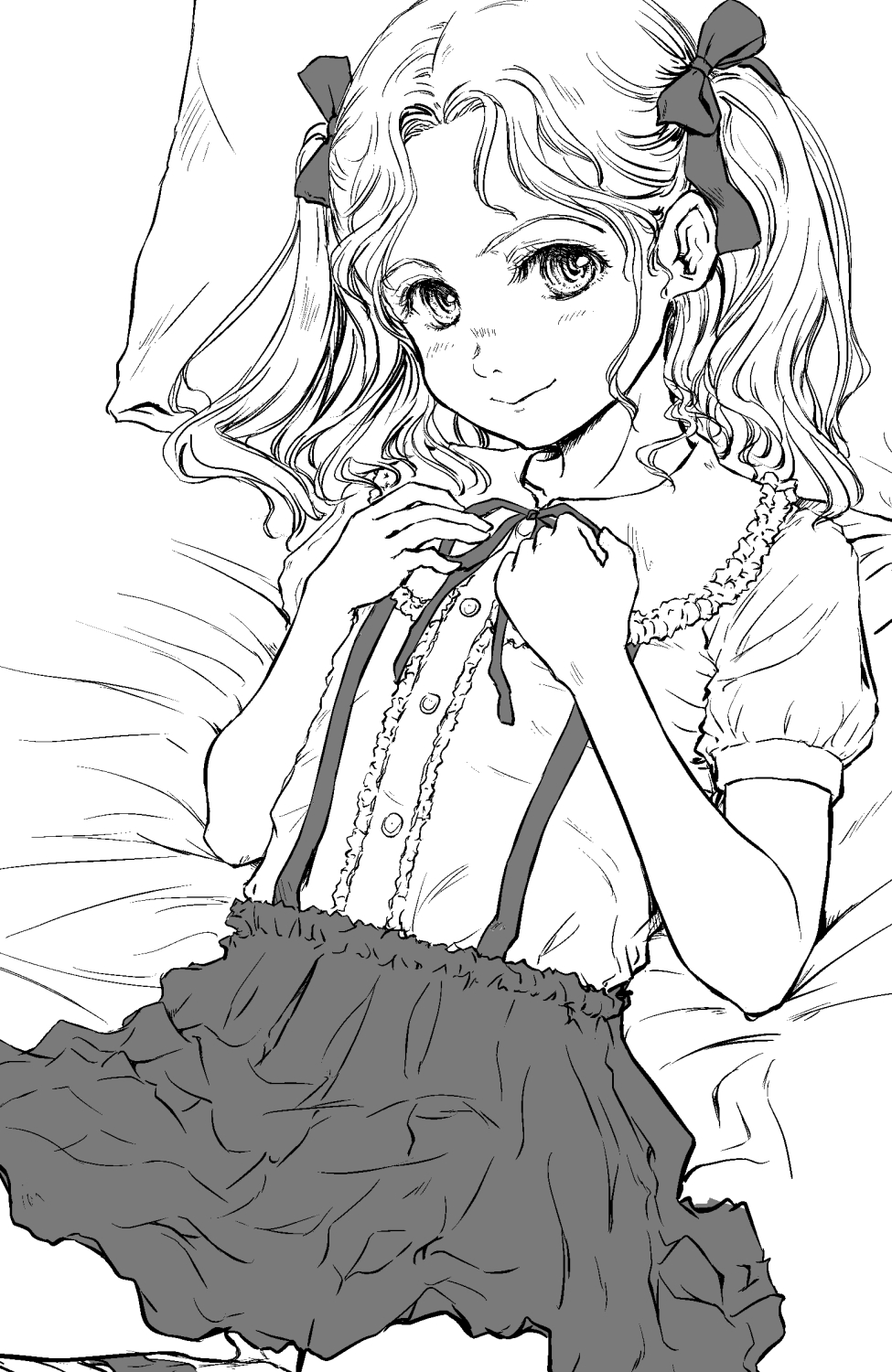 shiawase 1500, original, highres, 1girl, flat chest, frilled shirt collar, frills, looking at viewer, lying, monochrome, on back, panties, panty peek, pillow, skirt, smile, solo, suspender skirt, suspenders, twintails, underwear