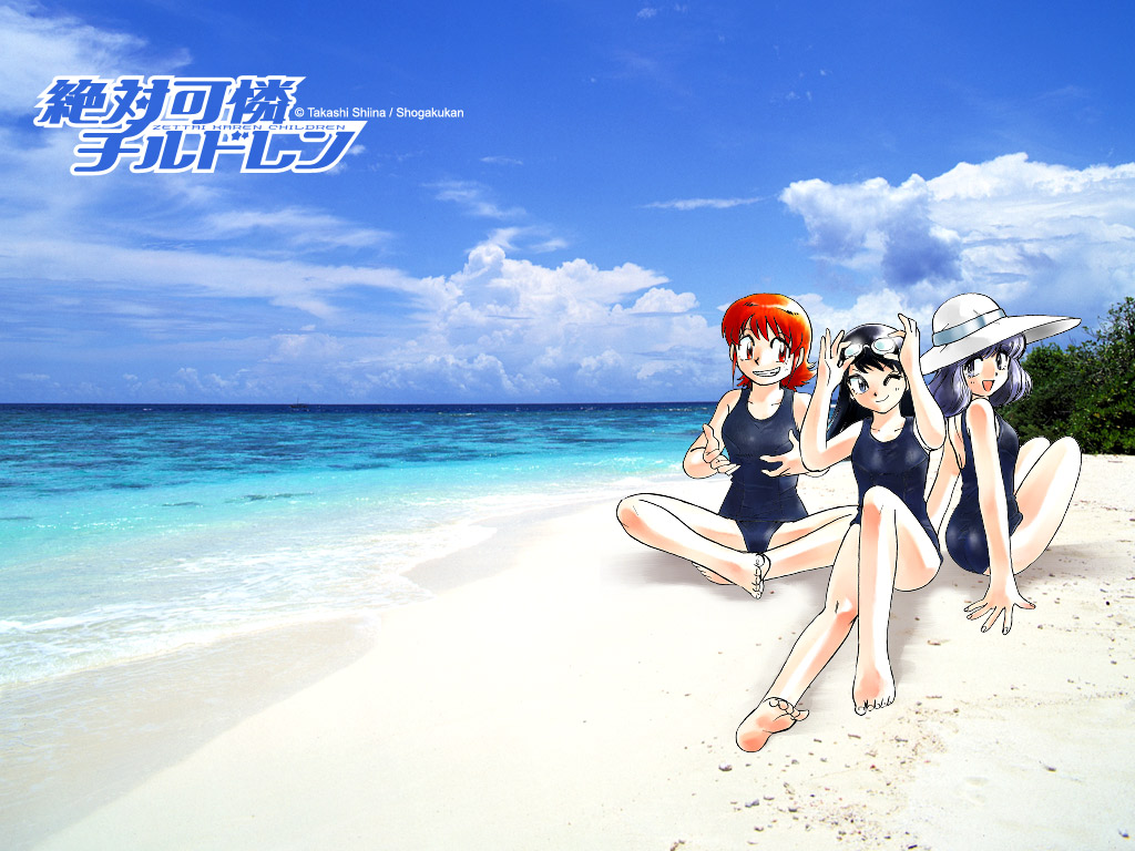 shiina takashi, akashi kaoru, nogami aoi, sannomiya shiho, zettai karen children, official art, official wallpaper, 00s, 3girls, barefoot, beach, day, feet, multiple girls, ocean, one-piece swimsuit, school swimsuit, swimsuit