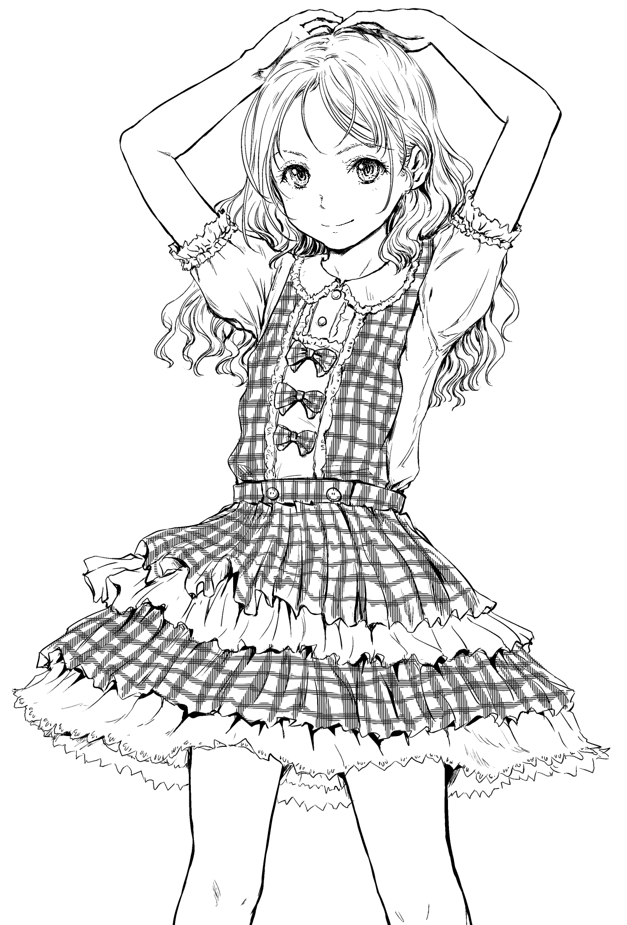 shiawase 1500, original, highres, 1girl, arms up, dress, flat chest, long hair, looking at viewer, monochrome, smile, solo