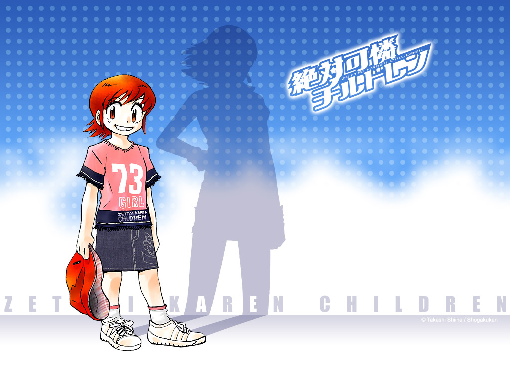 shiina takashi, akashi kaoru, zettai karen children, official art, official wallpaper, 00s, 1girl, belt, clothes writing, dual persona, female focus, full body, looking at viewer, red eyes, shade, shadow, shirt, shorts, silhouette, solo, standing, t-shirt, text focus