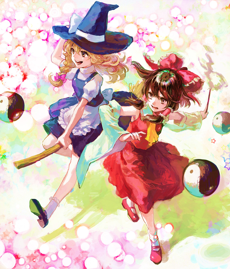 taira, hakurei reimu, kirisame marisa, touhou, bad id, bad pixiv id, 2girls, blonde hair, bow, braid, broom, broom riding, brown eyes, brown hair, crossed legs, danmaku, female focus, gohei, hair bow, hair tubes, hand on headwear, hat, long hair, multiple girls, open mouth, ribbon, side braid, smile, standing, witch, witch hat, yellow eyes, yin yang
