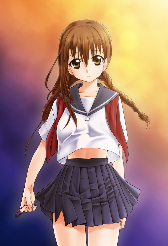hikabe sakuho, original, untied, braid, brown eyes, brown hair, hair down, long hair, midriff, pleated skirt, school uniform, serafuku, skirt, smile, solo, twin braids