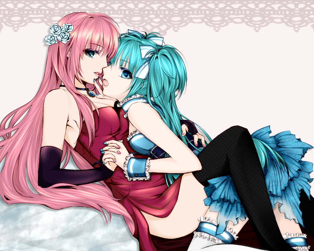 hatsune miku, megurine luka, vocaloid, 2girls, aqua eyes, aqua hair, aqua nails, black gloves, black thighhighs, blue brooch, blue dress, blue eyes, breasts, dress, female focus, fingerless gloves, flower, frills, gloves, hair ribbon, holding hands, imminent kiss, interlocked fingers, long hair, looking at viewer, multiple girls, open mouth, pink hair, pink nails, red dress, ribbon, rose, rose hair ornament, sihatudensya, sleeve cuffs, thighhighs, twintails, yuri