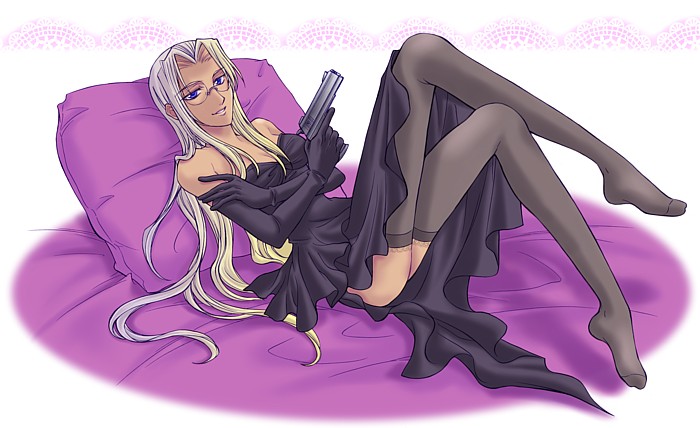 integra hellsing, hellsing, non-web source, 1girl, bare shoulders, blonde hair, blue eyes, dress, female focus, glasses, gloves, gun, handgun, long hair, pistol, solo, strapless, strapless dress, thighhighs, trigger discipline, very long hair, weapon