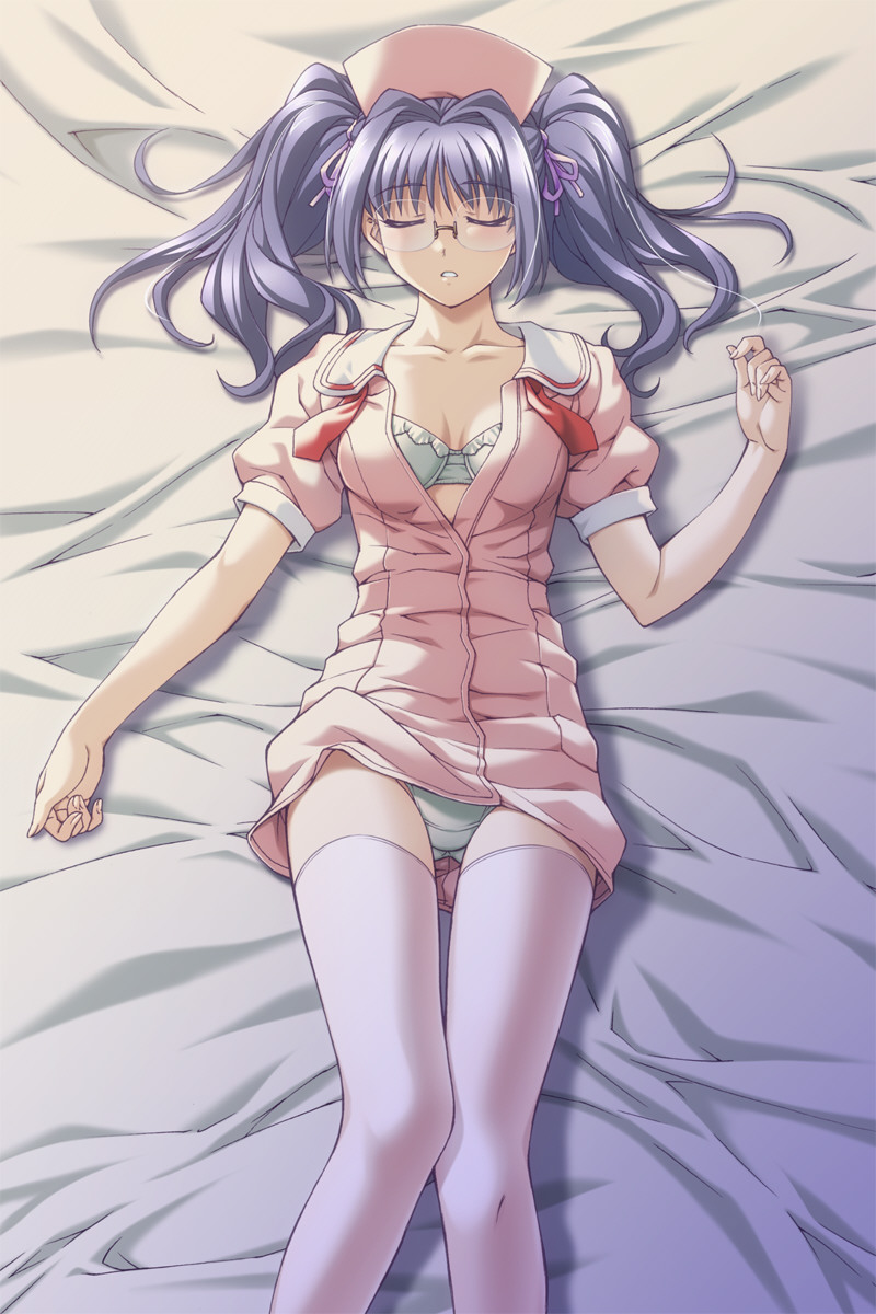 tokisawa meyu, kazama mana (game), yakin byoutou, game cg, highres, 00s, 1girl, bra, closed eyes, female focus, glasses, hair ribbon, lingerie, lying, nurse, open clothes, panties, ribbon, sleeping, solo, thighhighs, underwear