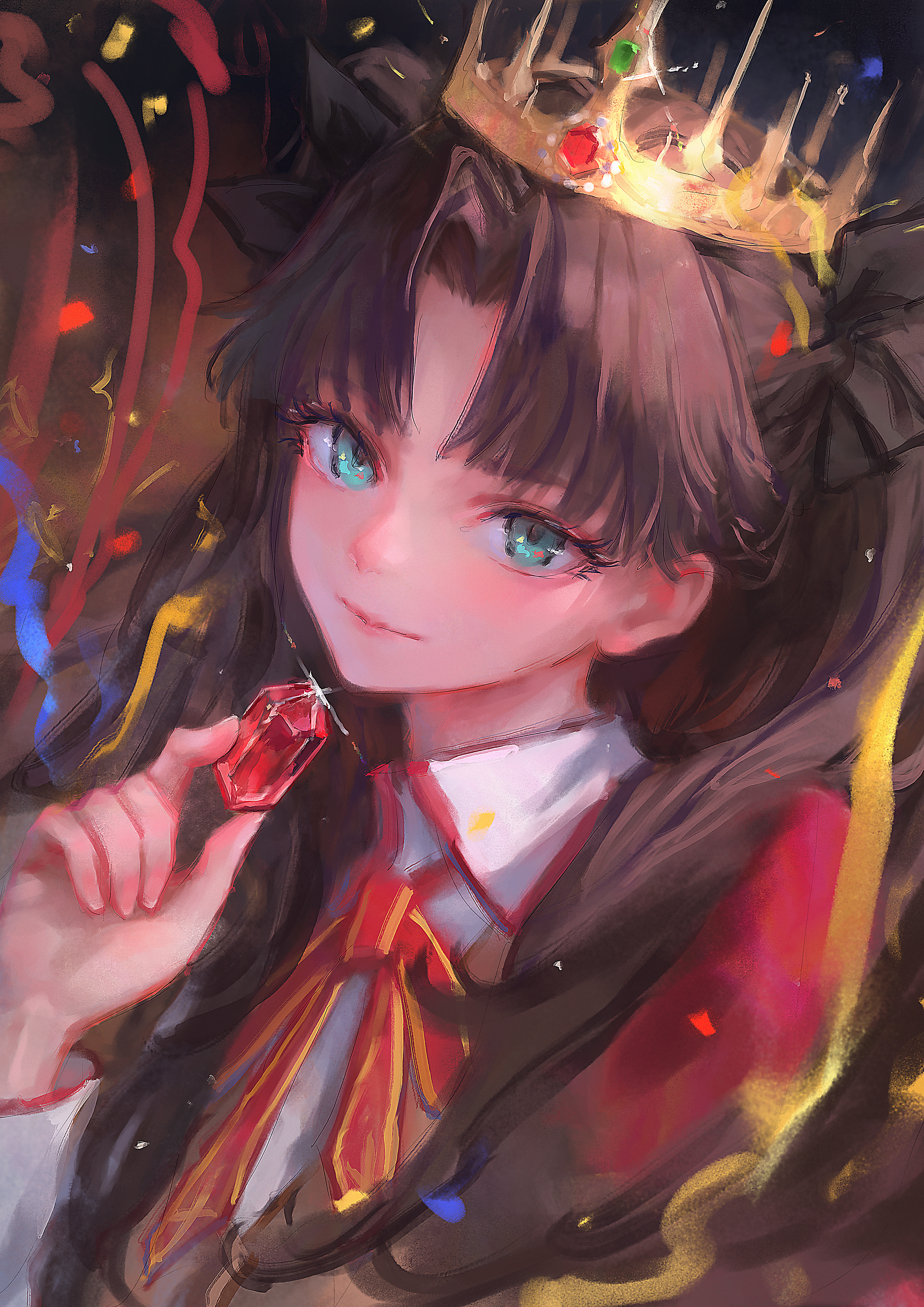 hjwhuhu, tohsaka rin, fate/stay night, fate (series), absurdres, commentary, highres, 1girl, brown hair, crown, gem, glint, holding, holding gem, homurabara academy school uniform, jacket, long hair, looking at viewer, red gemstone, red jacket, school uniform, solo, twintails
