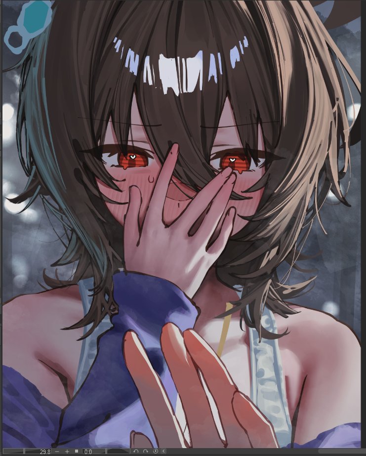 betabeet, agnes tachyon (umamusume), umamusume, umamusume: beginning of a new era, duplicate, alternate costume, animal ears, bare shoulders, blue sweater, blush, bra, brown hair, chemical structure, covering face, covering own mouth, earrings, horse ears, horse girl, jewelry, portrait, pov, red eyes, shirt, single earring, sleeves past wrists, sweater, underwear, white bra, white shirt, wolf cut