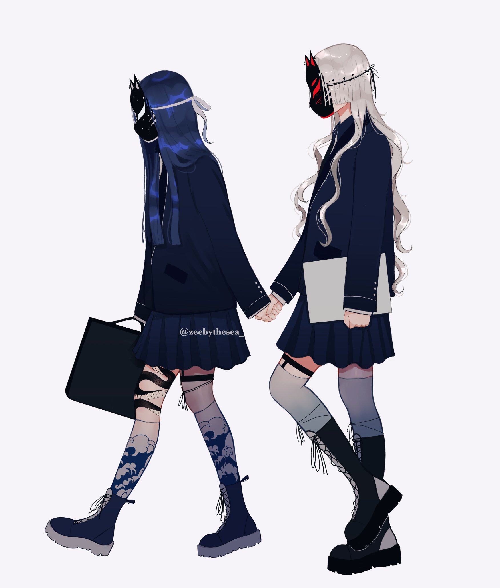 zeebythesea, umi (zeebythesea), kanagawa okinami ura, original, highres, 2girls, bag, black bag, black mask, blazer, blue boots, blue hair, blue jacket, blue skirt, blunt ends, bob cut, boots, fine art parody, fox mask, from side, full body, gradient clothes, gradient jacket, hair over breasts, holding, holding bag, holding hands, holding notebook, jacket, jellyfish cut, kira (zeebythesea), knee boots, kneehighs, leg tattoo, long hair, mask, multiple girls, notebook, oversized jacket, parody, platform boots, pleated skirt, school uniform, simple background, skirt, sleeves past wrists, snake tattoo, socks, straight hair, tattoo, thigh strap, thighhighs, twitter username, walking, wavy hair, white background, white hair, white socks, white thighhighs, white trim