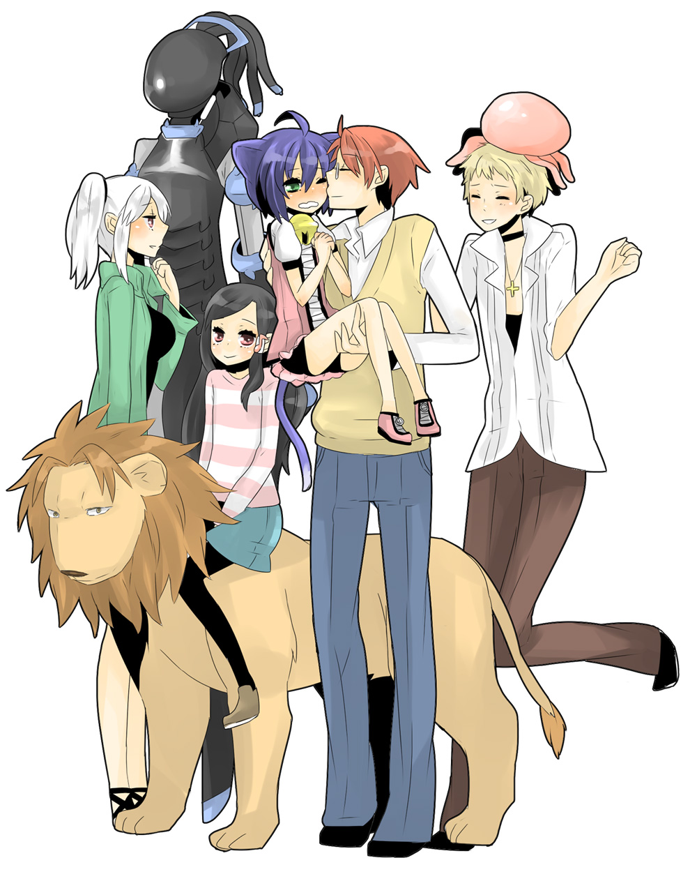 minami (betty), midarezaki chika, midarezaki gekka, midarezaki ginka, midarezaki hyouka, midarezaki kyouka, midarezaki ouka, midarezaki teika, midarezaki yuuka, kyouran kazoku nikki, black footwear, highres, 00s, 2boys, 3girls, bike shorts, black hair, black shirt, blonde hair, blue hair, blush, carrying, choker, cross, cross necklace, family, glasses, green eyes, hair ornament, jellyfish, jewelry, kiss, lion, multiple boys, multiple girls, musical note, necklace, pants, pantyhose, princess carry, quaver, red eyes, red hair, robot, rosary, shirt, shoes, striped clothes, striped shirt, wavy mouth, white hair