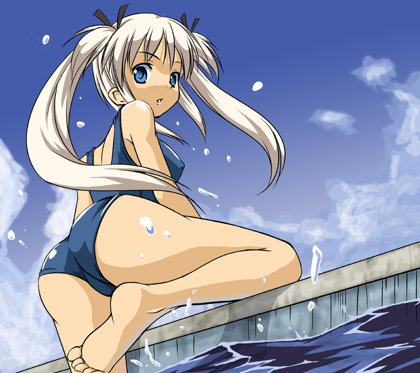 silver hair, 1girl, ass, barefoot, blue eyes, covered erect nipples, day, female focus, from below, hair ribbon, looking at viewer, one-piece swimsuit, outdoors, parted lips, pool, poolside, ribbon, school swimsuit, sky, solo, swimsuit, twintails