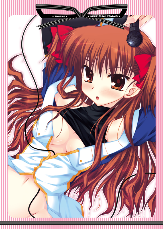 araiguma, ogata rina, white album, white album (series), bad id, bad pixiv id, 1girl, arms up, breasts, brown eyes, brown hair, clothes lift, female focus, hair ribbon, long hair, microphone, ribbon, shirt lift, small breasts, solo, twintails