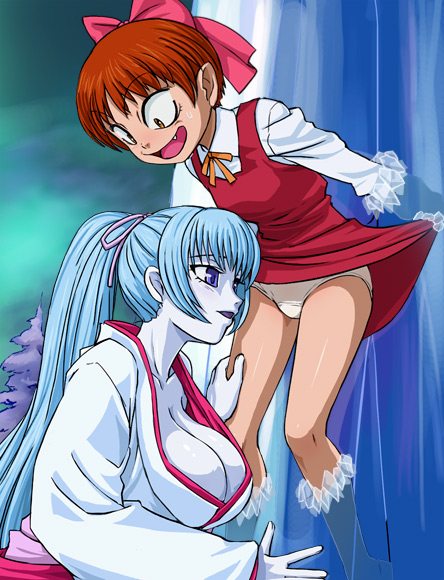 haruyama kazunori, aoi (gegege no kitarou), nekomusume, nekomusume (gegege no kitarou 5), gegege no kitarou, gegege no kitarou 5, toei company, 2girls, assisted exposure, bdsm, blue eyes, blue hair, blue skin, bondage, bound, bow, breasts, cleavage, clothes lift, colored skin, dress, dress lift, fang, hair bow, ice, large breasts, long hair, multiple girls, panties, pink bow, pointy ears, ponytail, red hair, short hair, skirt, skirt lift, trapped, underwear, upskirt, yellow eyes, you gonna get raped, yuki onna, yuri