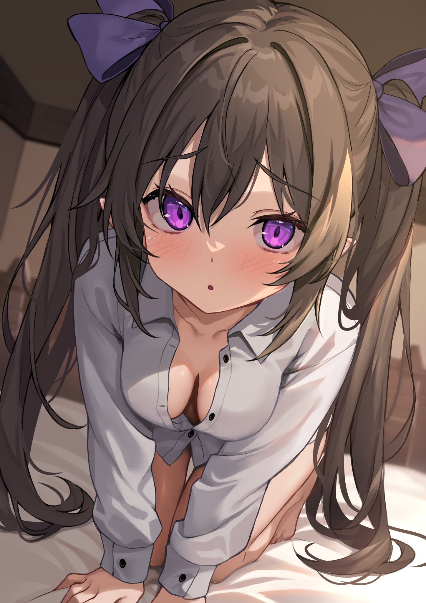 wowoguni, himekaidou hatate, touhou, commentary request, highres, 1girl, all fours, bed sheet, blush, breasts, brown hair, cleavage, hair between eyes, hair intakes, indoors, long hair, long sleeves, looking at viewer, medium breasts, on bed, open mouth, partially unbuttoned, pointy ears, purple eyes, shirt, solo, twintails, very long hair, white shirt