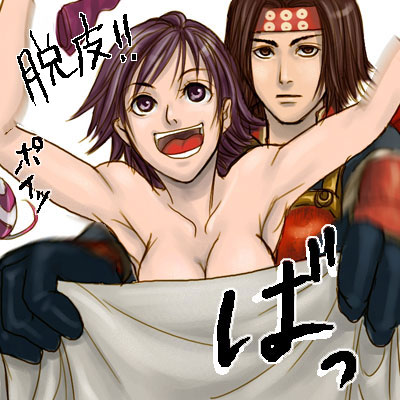 henyo, kunoichi (sengoku musou), sanada yukimura (sengoku musou), sengoku musou, bad id, bad pixiv id, lowres, 1boy, 1girl, breasts, brown eyes, brown hair, headband, medium breasts, open mouth, purple eyes, purple hair