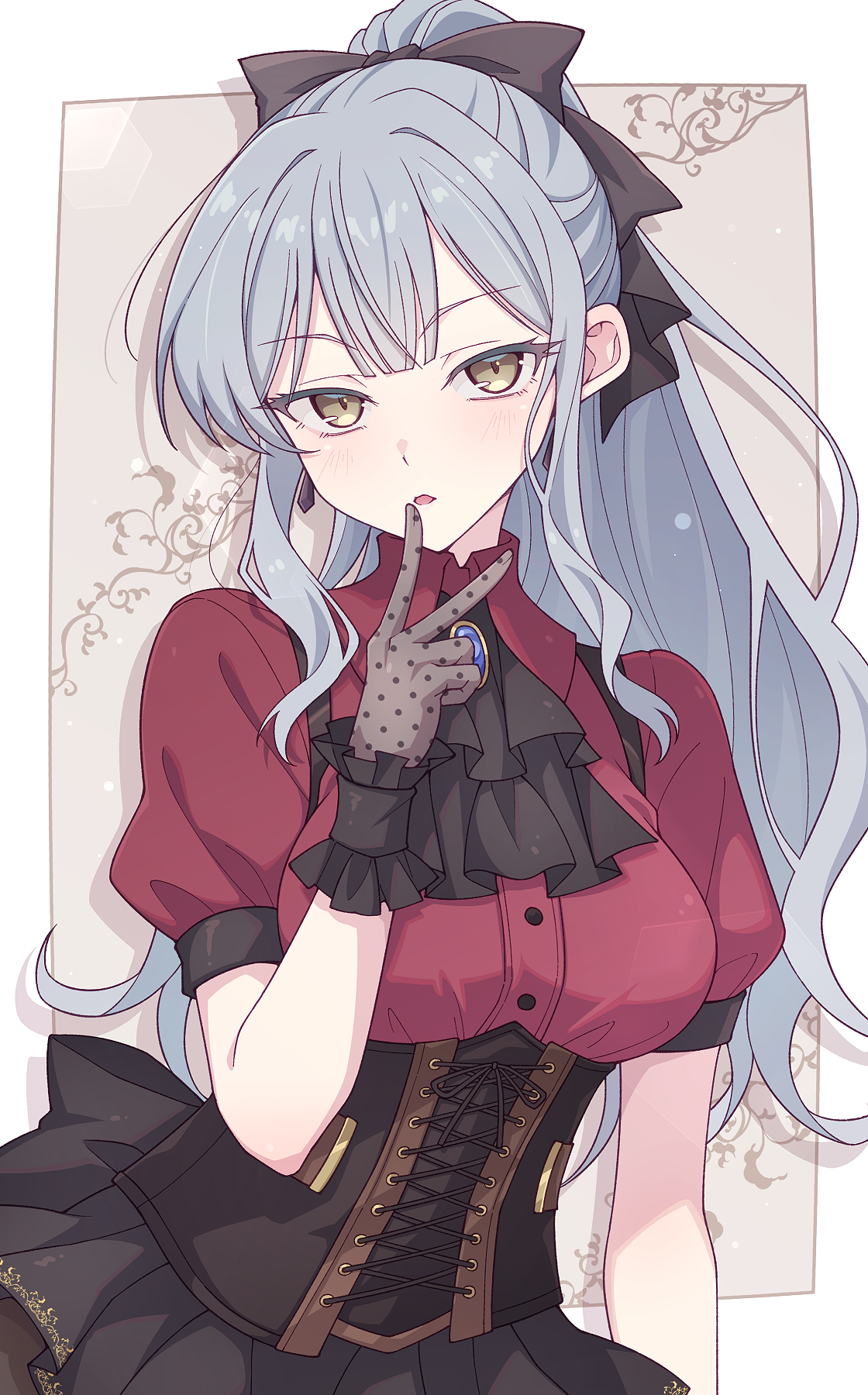 e20, oblivionis (bang dream!), togawa sakiko, bang dream!, bang dream! it's mygo!!!!!, commentary, highres, 1girl, alternate hairstyle, ascot, black ascot, black bow, black corset, blue hair, blush, bow, breasts, brooch, corset, cowboy shot, dress shirt, gloves, grey gloves, hair bow, high ponytail, jewelry, long hair, looking at viewer, medium breasts, ponytail, red shirt, shirt, sidelocks, solo, v, yellow eyes