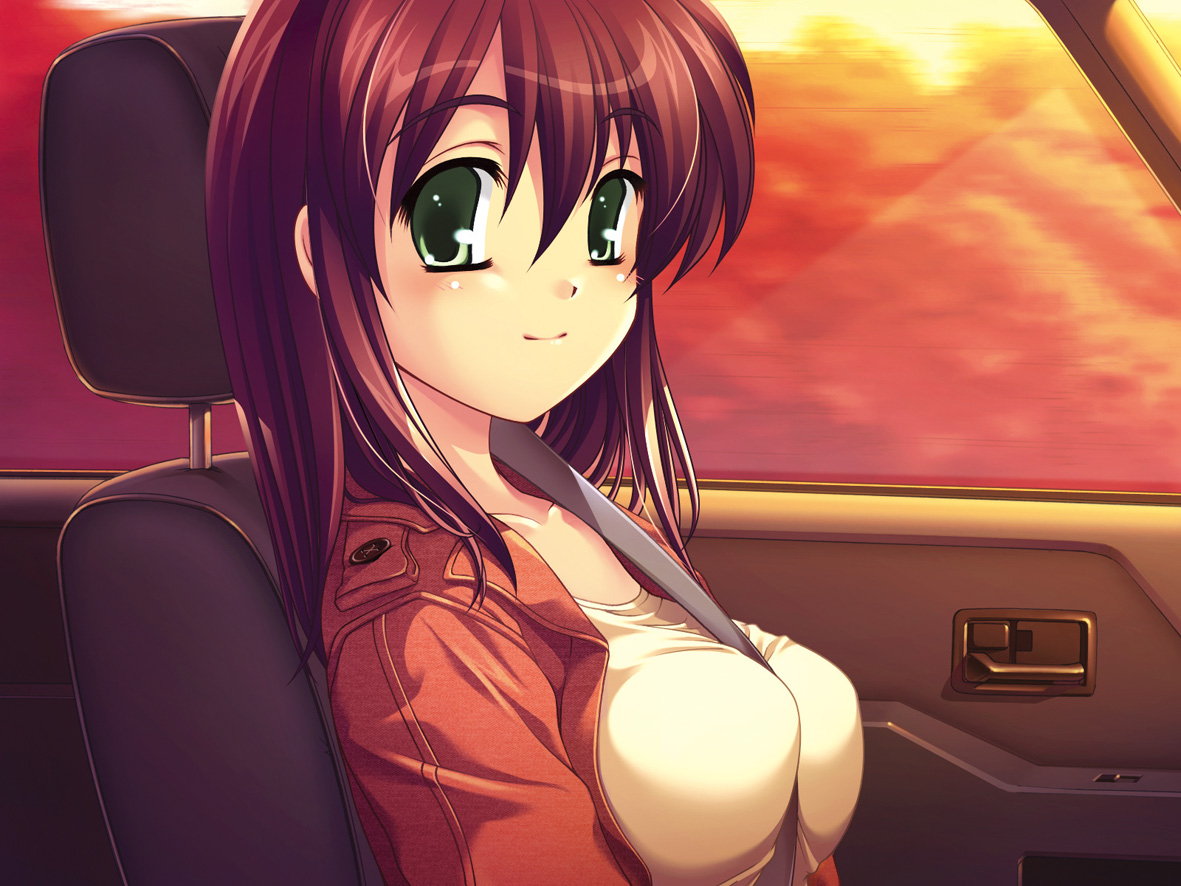 yuyi, asako (shinju no yakata), shinju no yakata, game cg, 1girl, between breasts, breasts, car, car interior, female focus, green eyes, large breasts, motor vehicle, red hair, seatbelt, smile, solo