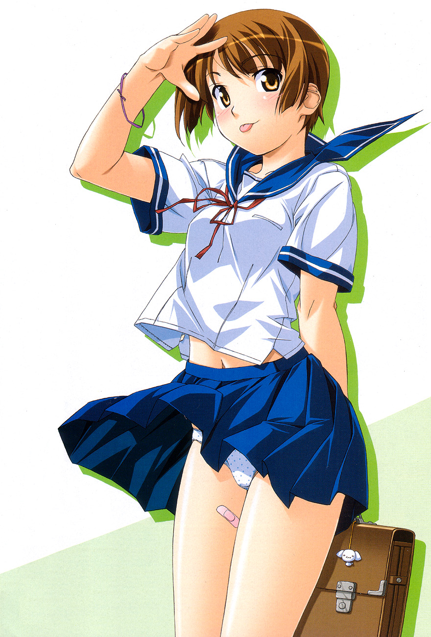 highres, 1girl, :p, arm up, bag, bandaid, blush, brown eyes, brown hair, cowboy shot, female focus, navel, panties, pantyshot, pleated skirt, polka dot, polka dot panties, school uniform, serafuku, short hair, short sleeves, skirt, solo, standing, tongue, tongue out, underwear, white background