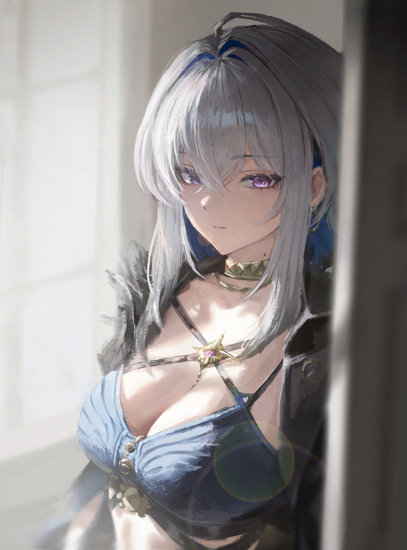 ddcc0123, galbrena (wuthering waves), wuthering waves, commentary, hashtag-only commentary, highres, 1girl, black jacket, blue bra, blue hair, bra, breasts, cleavage, closed mouth, colored inner hair, gold choker, grey hair, hair between eyes, indoors, jacket, looking at viewer, medium breasts, multicolored hair, open clothes, open jacket, purple eyes, solo, underwear, upper body, window