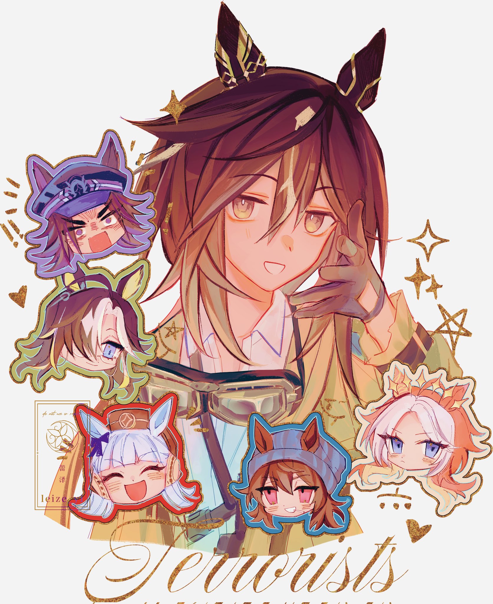 leize yi, dream journey (umamusume), fenomeno (umamusume), gold ship (umamusume), nakayama festa (umamusume), orfevre (umamusume), stay gold (umamusume), umamusume, highres, 6+girls, ahoge, animal ears, beanie, black gloves, black hair, blue eyes, blunt bangs, blush, bow, brown eyes, brown hair, closed eyes, coat, ear bow, ear covers, ear ornament, ears through headwear, eyewear strap, flipped hair, glasses, gloves, goggles, goggles around neck, grey hair, grey hat, grin, hair between eyes, hair intakes, hat, horse ears, horse girl, horse tail, long hair, long sleeves, looking at viewer, multicolored hair, multiple girls, open mouth, orange hair, peaked cap, pillbox hat, pink eyes, purple bow, purple eyes, purple hair, shirt, simple background, single ear cover, smile, star (symbol), stay gold clan (umamusume), streaked hair, tail, two-tone hair, upper body, white hair, white shirt, yellow coat