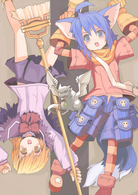 rudorufu, minis, yuel (summon night), summon night, summon night 2, striped, 2girls, ahoge, animal ears, blonde hair, blue eyes, blue hair, blush, bow, broom, dragon, gloves, jewelry, mouth hold, multiple girls, necklace, no panties, open fly, pendant, scarf, short hair, shorts, skirt, skull, star (symbol), tail, unzipped, upside-down, yellow eyes