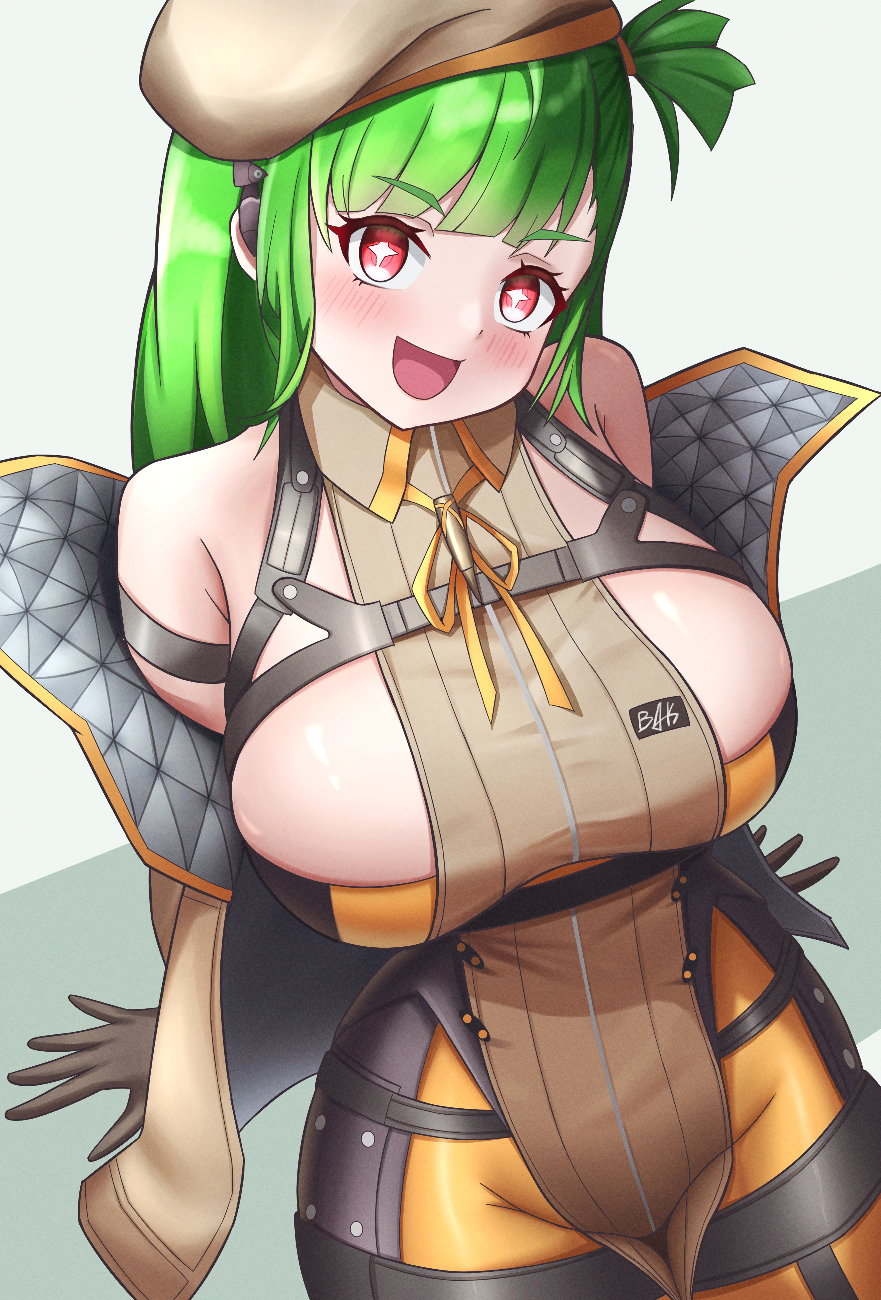 zion rss, belka (girls' frontline 2), g28 (girls' frontline), girls' frontline, girls' frontline 2: exilium, absurdres, commentary request, highres, + +, 1girl, :d, bare shoulders, beret, blush, bodysuit, breasts, clothes pull, dress, excited, from above, gloves, green hair, happy, hat, hip focus, jacket, jacket pull, large breasts, long hair, looking at viewer, looking up, off shoulder, open clothes, open jacket, open mouth, red eyes, sideboob, sideless dress, sleeveless, sleeveless dress, smile, solo