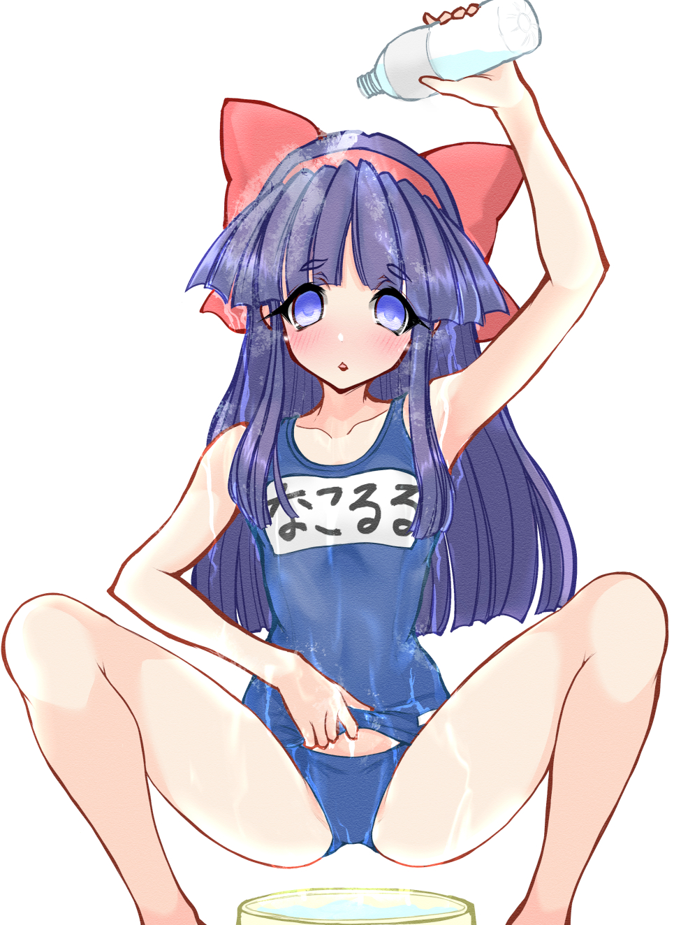 nakoruru, samurai spirits, snk, the king of fighters, translated, 1girl, blue eyes, blush, bottle, breasts, character name, competition school swimsuit, hair ribbon, japanese text, legs, lifting own clothes, long hair, looking at viewer, one-piece swimsuit, parted lips, partially visible vulva, pouring, pouring onto self, purple hair, ribbon, school swimsuit, small breasts, solo, spread legs, squatting, swimsuit, thighhighs, tongue, very long hair, water bottle