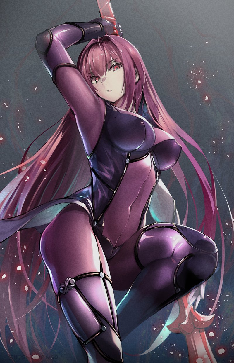 suishougensou, scathach (fate), fate/grand order, fate (series), commentary request, highres, 1girl, arm up, bodysuit, breasts, covered navel, gae bolg (fate), hair between eyes, large breasts, long hair, looking at viewer, polearm, purple bodysuit, purple hair, red eyes, solo, spear, thighs, weapon