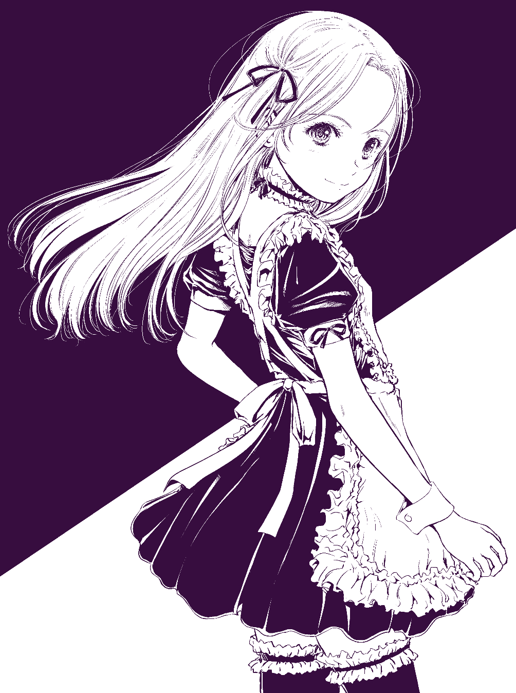 shiawase 1500, original, highres, 1girl, apron, choker, dress, flat chest, frilled choker, frilled thighhighs, frills, long hair, looking at viewer, maid, monochrome, smile, solo, thighhighs, zettai ryouiki