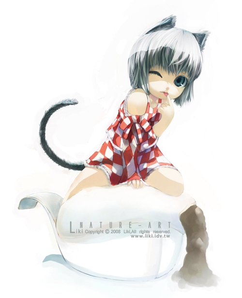 liki, silver hair, animal ears, green eyes, one eye closed, short hair, solo, tail, tongue, wink