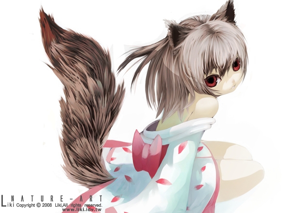 liki, silver hair, 1girl, animal ears, back, bare shoulders, brown hair, female focus, japanese clothes, kimono, looking at viewer, looking back, petals, red eyes, simple background, sitting, solo, tail, white background