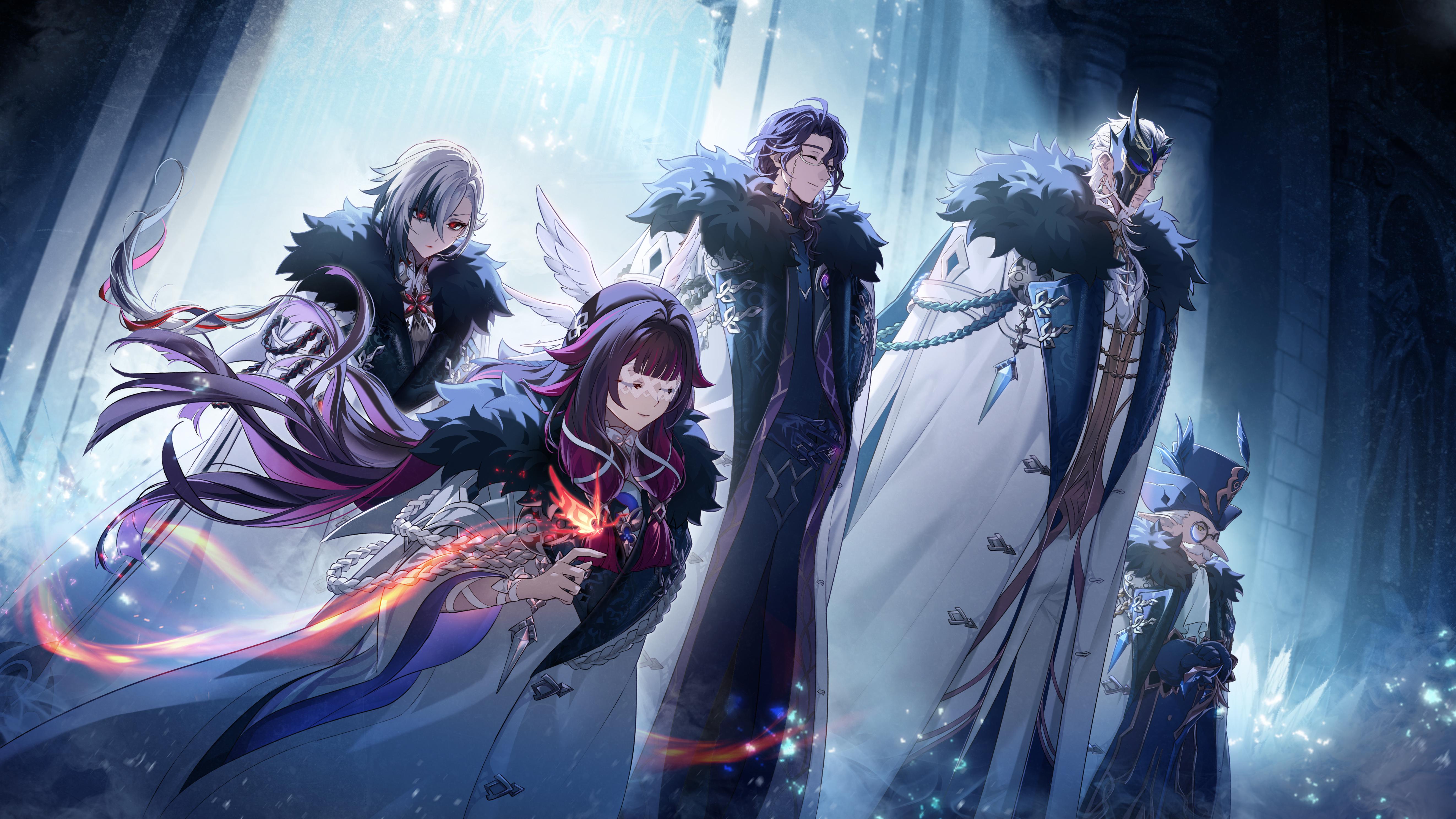 sakon04, arlecchino (genshin impact), columbina (genshin impact), pantalone (genshin impact), pierro (genshin impact), pulcinella (genshin impact), genshin impact, absurdres, commentary, english commentary, highres, official art, second-party source, 2girls, 3boys, black hair, bug, butterfly, closed eyes, closed mouth, coat, feathered wings, fur-trimmed coat, fur trim, glasses, hair between eyes, hair ribbon, half mask, hat, head wings, insect, long sleeves, looking at another, mask, multicolored hair, multiple boys, multiple girls, multiple wings, pink hair, pointy ears, pointy nose, red butterfly, red eyes, ribbon, sidelocks, smile, top hat, white coat, white hair, white ribbon, wide sleeves, wings