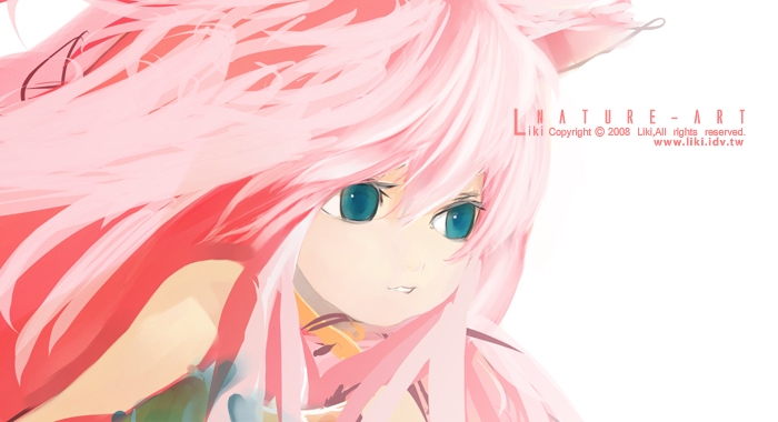 liki, tagme, animal ears, blue eyes, long hair, pink hair, solo