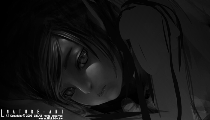 liki, tagme, 1girl, dark, female focus, greyscale, long hair, monochrome, portrait, solo
