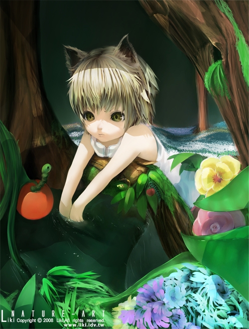 liki, animal ears, blonde hair, flower, food, fruit, short hair, solo, tree, water, yellow eyes
