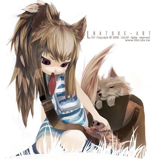 liki, animal ears, bag, brown hair, dog, kneeling, long hair, mouth hold, ponytail, red eyes, solo, tail