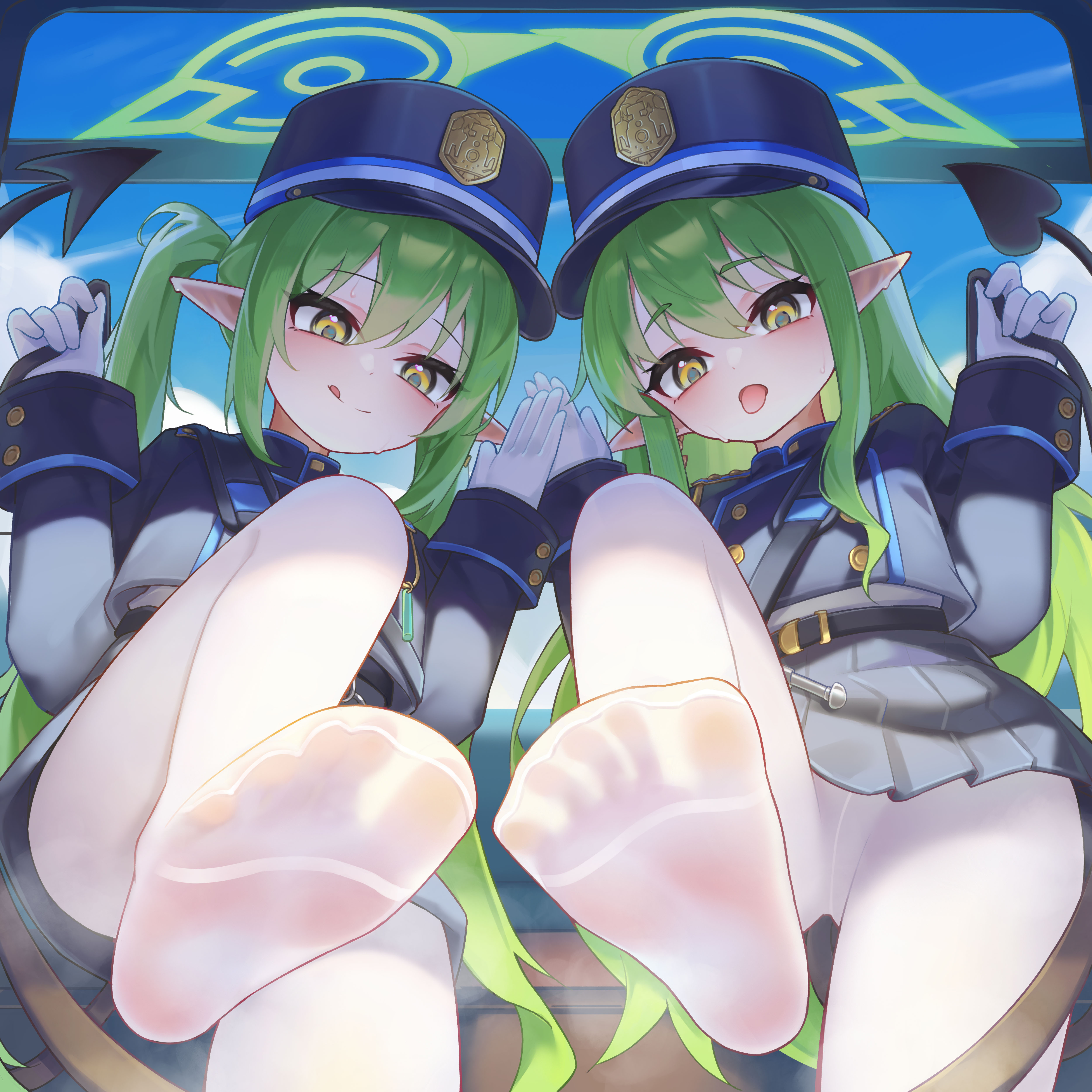 hongshi (13234456009), hikari (blue archive), nozomi (blue archive), blue archive, absurdres, commentary request, commission, highres, pixiv commission, 2girls, :q, black hat, black jacket, black skirt, closed mouth, demon girl, demon tail, feet, gloves, green hair, green halo, halo, hat, jacket, long hair, long sleeves, miniskirt, multiple girls, no shoes, open mouth, pantyhose, peaked cap, pleated skirt, pointy ears, skirt, soles, tail, toes, tongue, tongue out, twintails, wavy hair, white gloves, white pantyhose, yellow eyes