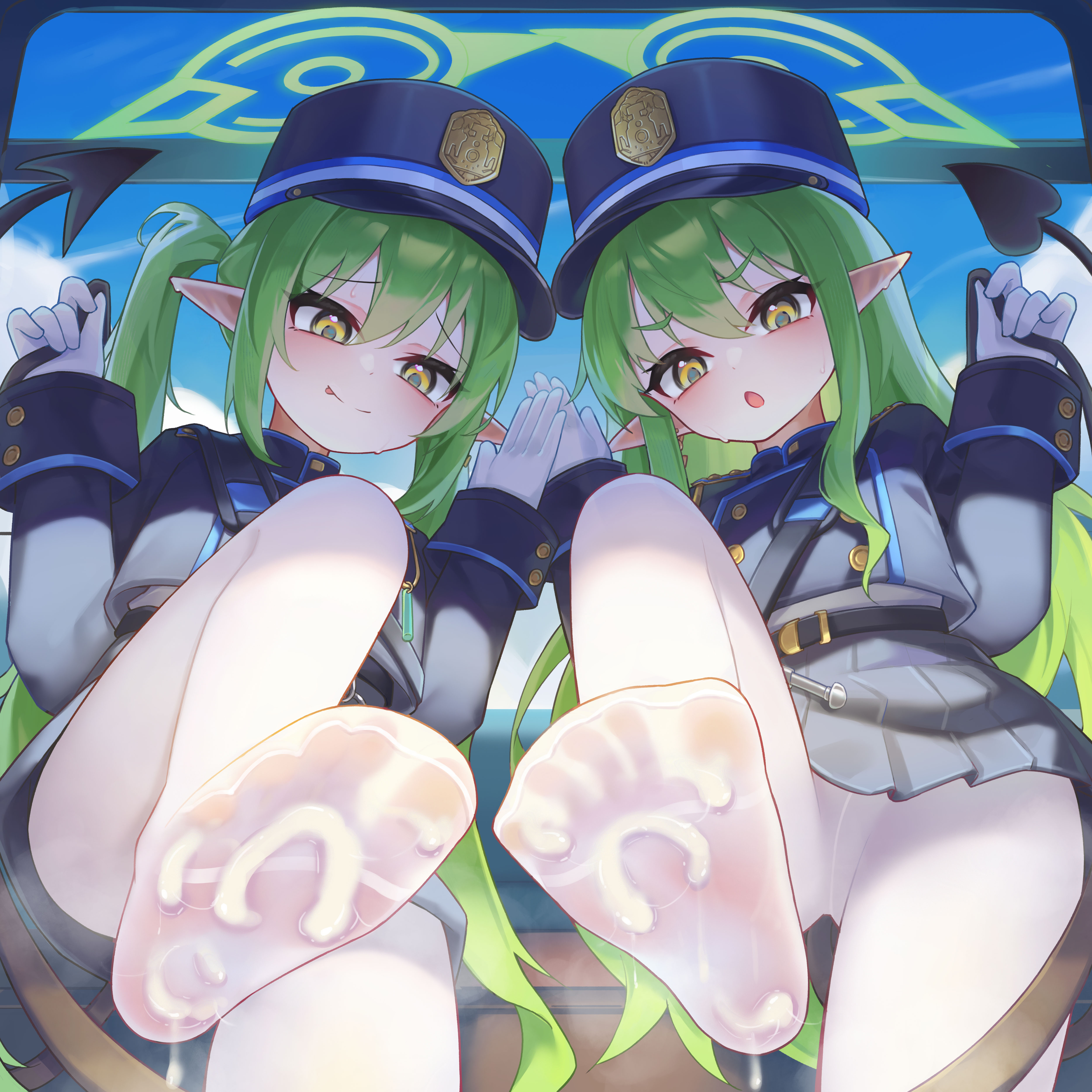 hongshi (13234456009), hikari (blue archive), nozomi (blue archive), blue archive, absurdres, commentary request, commission, highres, pixiv commission, 2girls, :q, black hat, black jacket, black skirt, closed mouth, cum, cum on body, cum on feet, demon girl, demon tail, feet, gloves, green hair, green halo, halo, hat, jacket, long hair, long sleeves, miniskirt, multiple girls, no shoes, open mouth, pantyhose, peaked cap, pleated skirt, pointy ears, skirt, soles, tail, toes, tongue, tongue out, twintails, wavy hair, white gloves, white pantyhose, yellow eyes