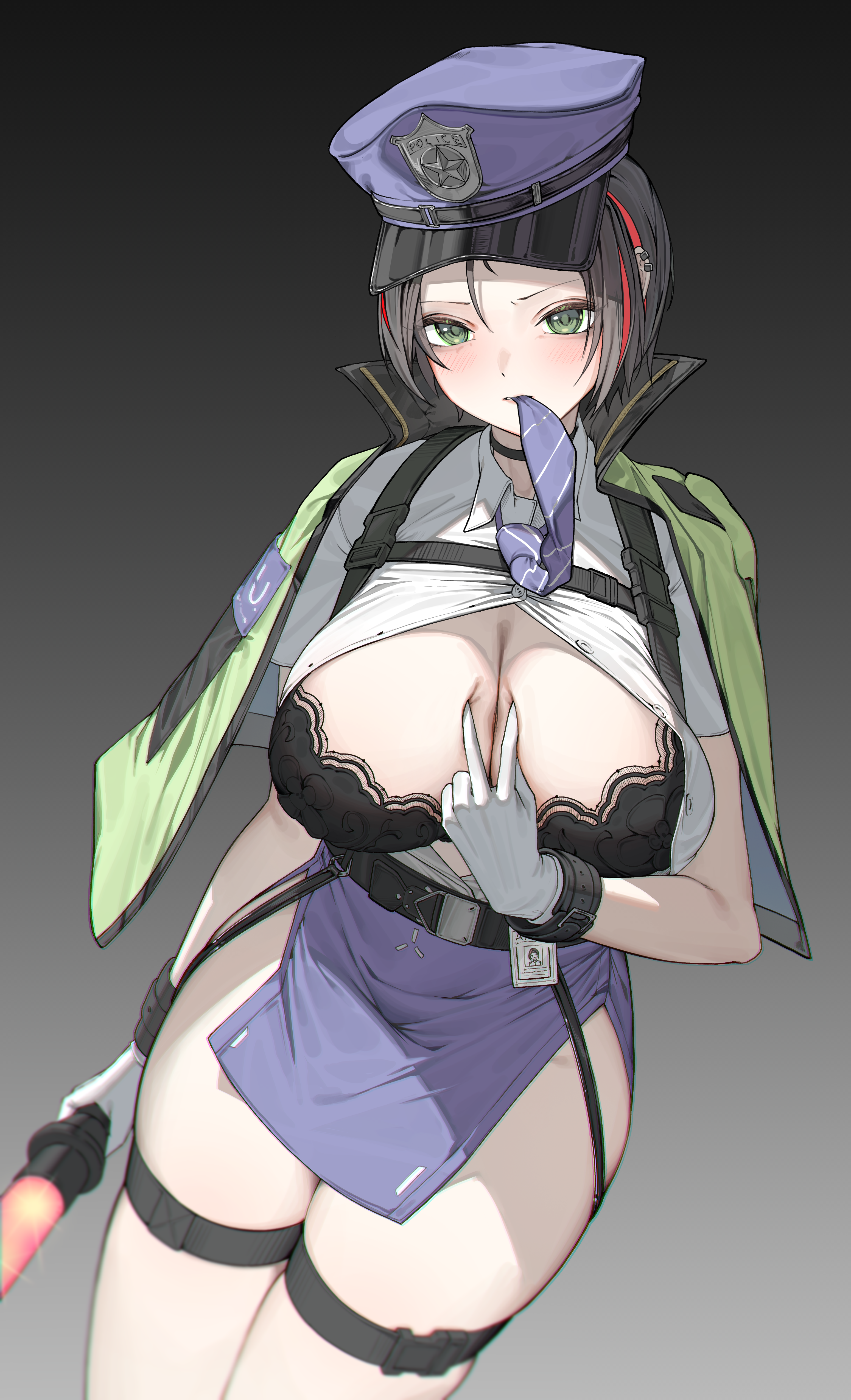 crow (nikke), d (killer wife) (nikke), d (killer wife) (secret police) (nikke), d (nikke), goddess of victory: nikke, absurdres, artist request, commission, highres, second-party source, 1girl, belt, black bra, black choker, black hair, blue hat, blue skirt, bra, breasts, capelet, chest harness, choker, cleavage, collared shirt, cosplay, cowboy shot, d (nikke) (cosplay), gradient background, green capelet, green eyes, harness, hat, holding lightstick, id card, large breasts, looking at viewer, miniskirt, mouth hold, multicolored hair, necktie, no panties, open clothes, open shirt, peaked cap, pelvic curtain, pencil skirt, police hat, red streaks, shirt, shirt tucked in, short hair, short sleeves, skirt, solo, streaked hair, thigh belt, thigh strap, thighs, unbuttoned, unbuttoned shirt, underwear, v, v over breast, white shirt