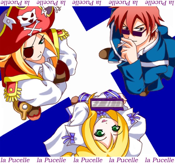 alouette (la pucelle), croix raoul, homard, la pucelle, nippon ichi, 1girl, 2boys, blonde hair, book, brown hair, dress, gloves, green eyes, hat, long hair, multiple boys, pirate, short hair, smile, sunglasses