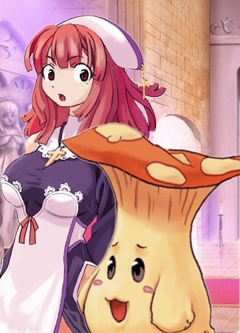 ryoji (nomura ryouji), eringya (marl kingdom), prier, la pucelle, marl kingdom, nippon ichi, lowres, 1girl, breasts, female focus, large breasts, monster, mushroom, pantyhose, red hair, solo