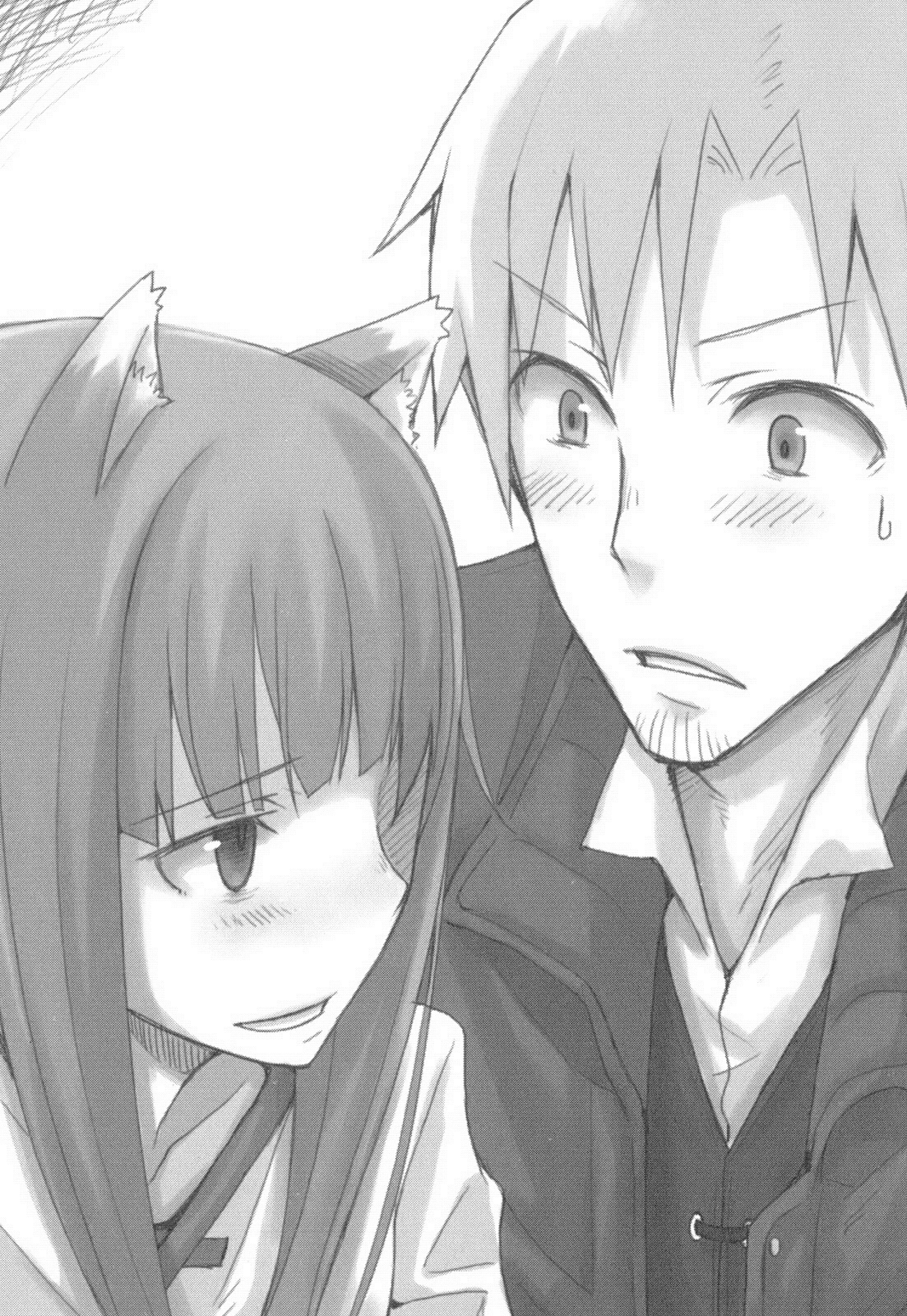 ayakura juu, craft lawrence, holo, spice and wolf, highres, non-web source, novel illustration, official art, scan, 00s, 1boy, 1girl, :d, animal ears, blunt bangs, blush, eye contact, facial hair, goatee stubble, greyscale, jacket, long hair, looking at another, monochrome, open clothes, open jacket, open mouth, parted bangs, parted lips, profile, shirt, short hair, smile, stubble, surprised, sweatdrop, upper body, wide-eyed, wolf ears